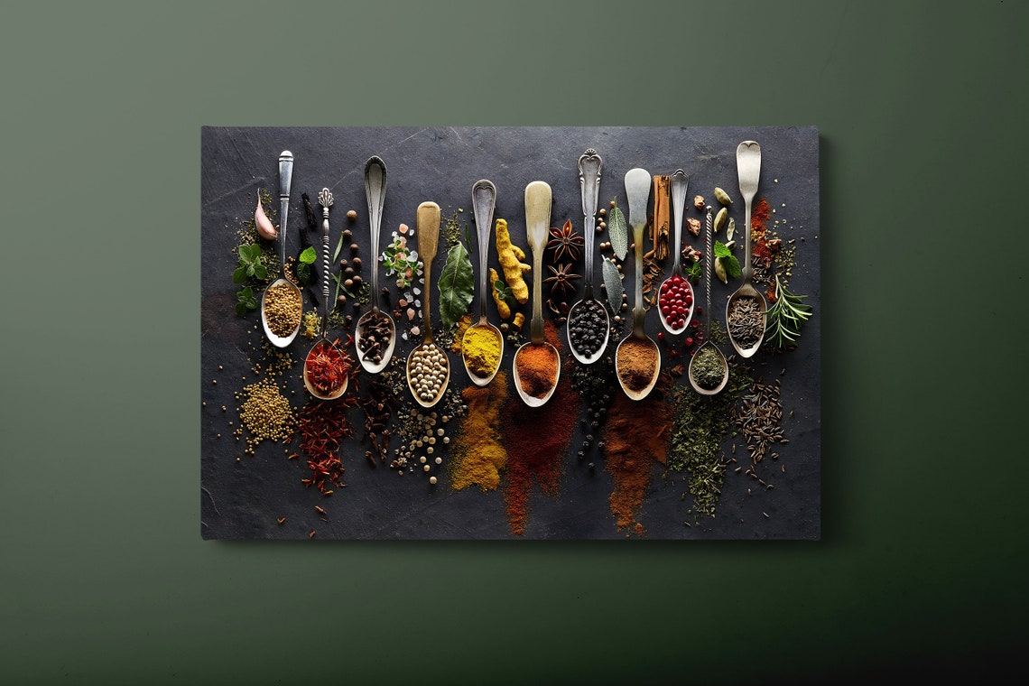 Colorful Cooking Spices In Spoons Dark Slate Kitchen Art Poster