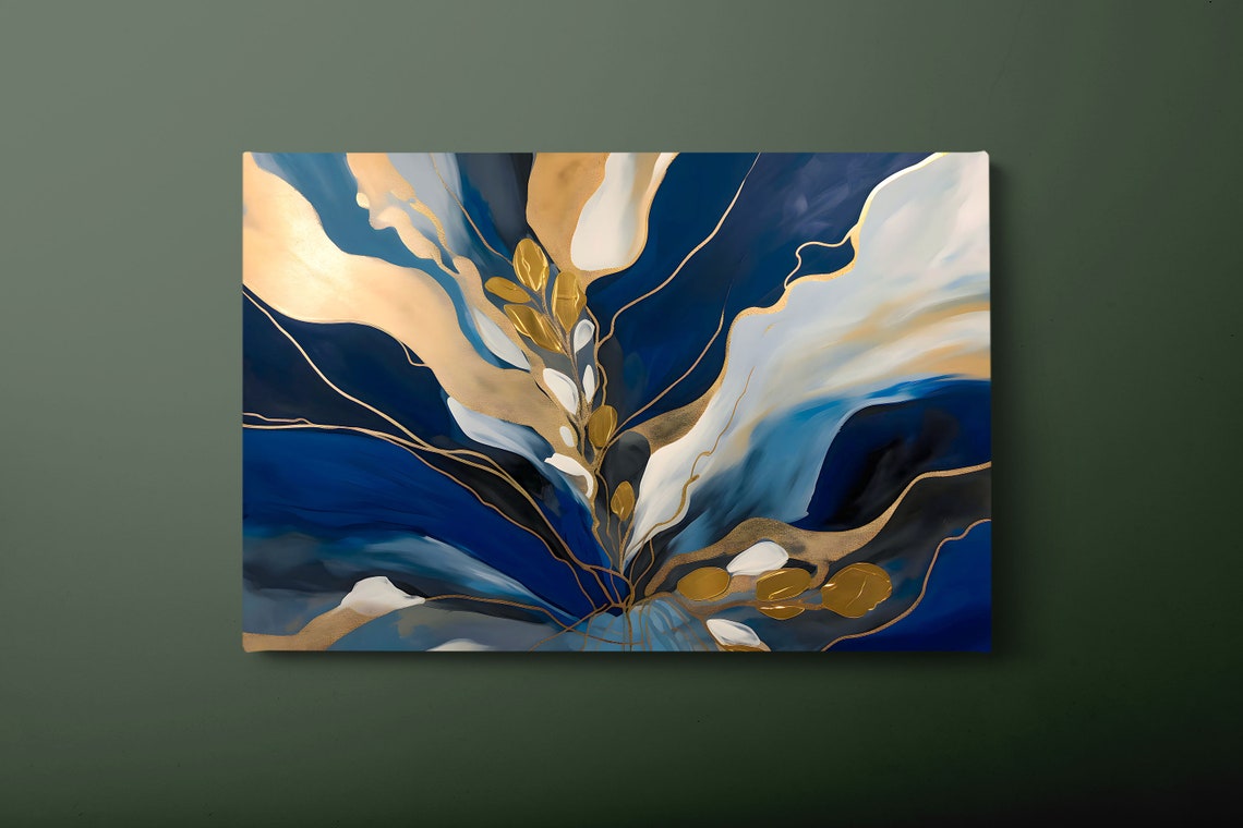 Navy Blue Gold Abstract Marble Fluid Painting Luxury Modern Wall Art