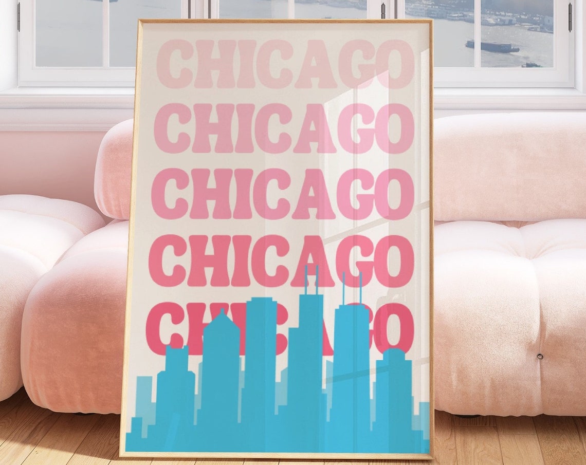 Chicago City Travel Print Art Pink Blue Chicago Travel Print Preppy Wall Print Cityscape Travel Poster Dorm Room Decor