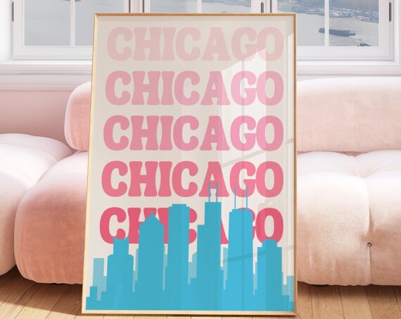 Chicago Skyline Pink Blue Repeated Typography Travel City Poster
