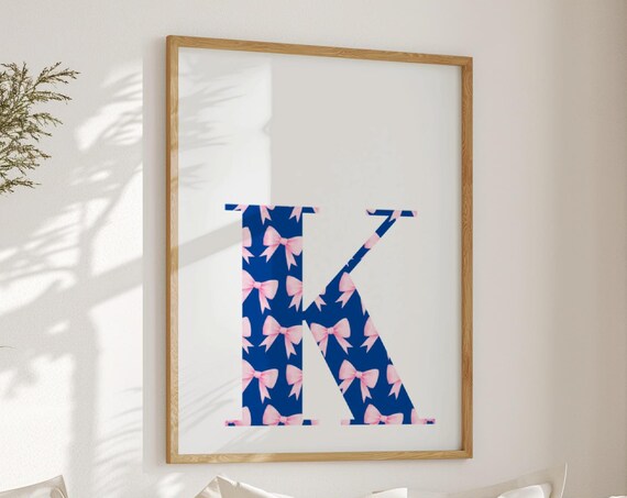 Letter K Poster Pink Bow Print Preppy Wall Art K Initial Print Cute Apartment Decor College Dorm Room Decor Navy Blue Nursery Print