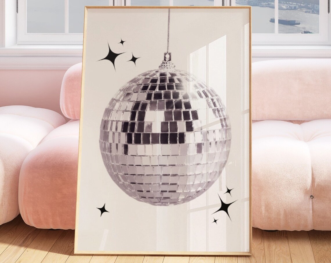 Silver Disco Ball Sparkle Retro Party Black White Dance Poster