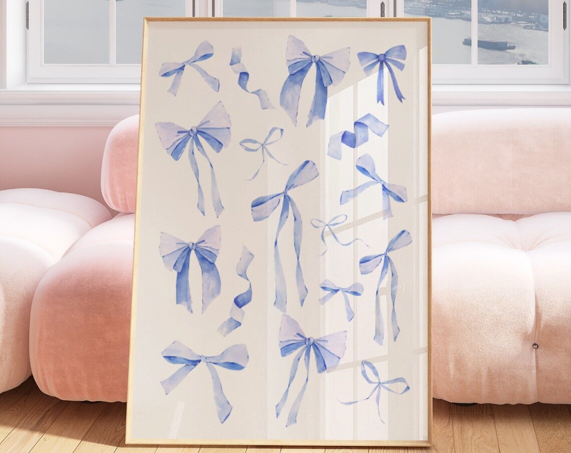 Blue Bow Collage Watercolor Poster Coquette Ribbon Preppy Decor Art - Image 2
