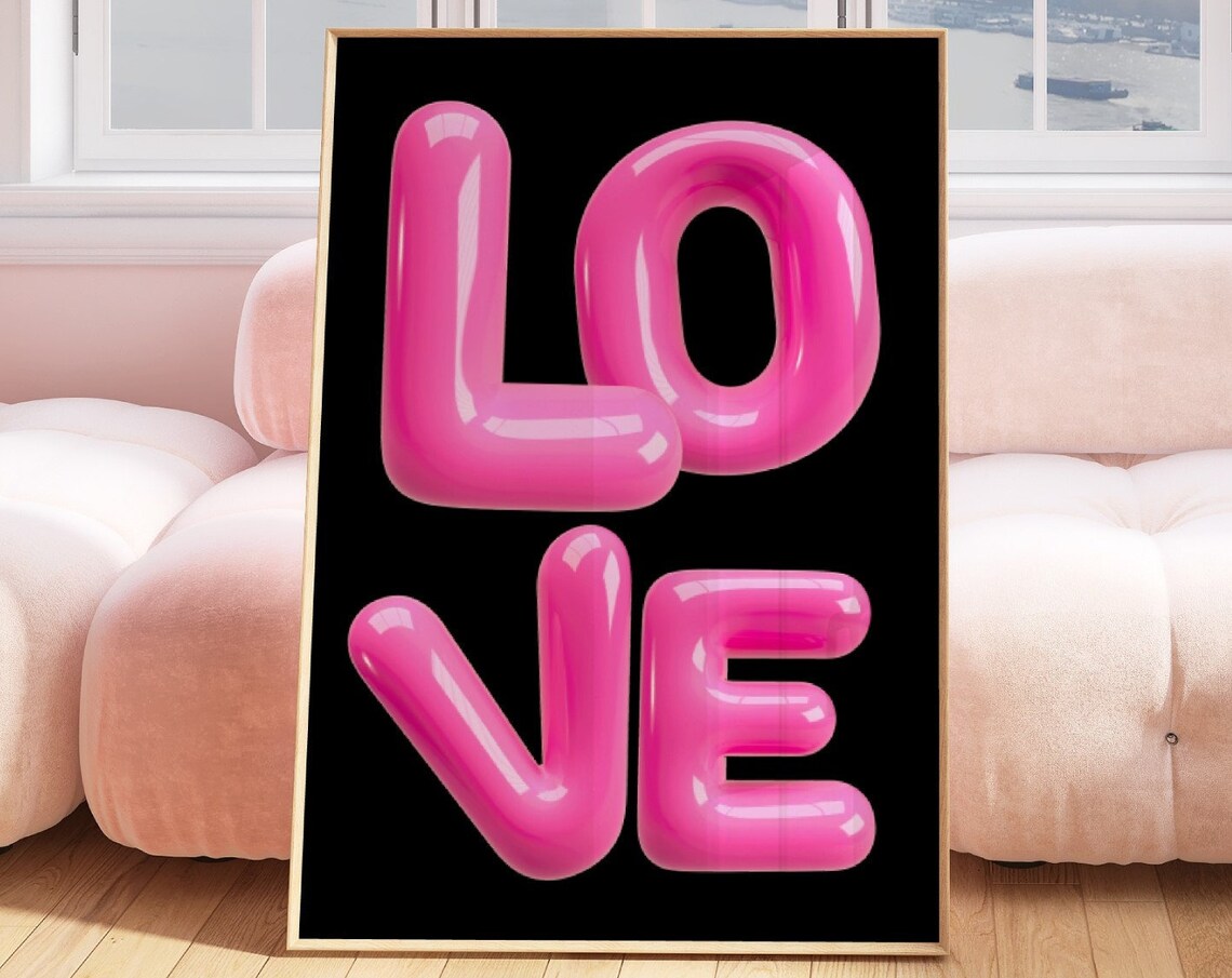Love 3D Bubble Letters Pink Y2K Trendy Black Balloon Wall Poster