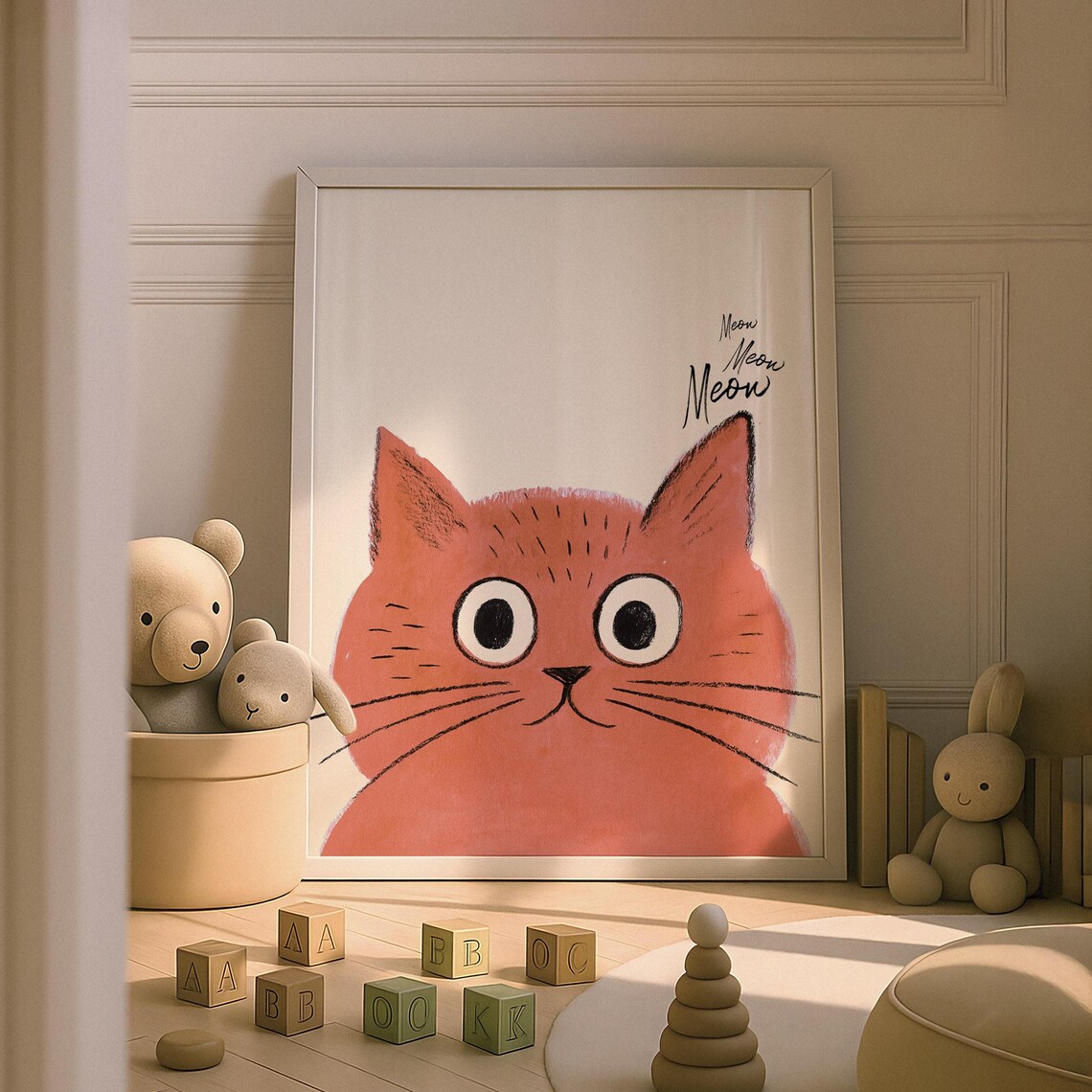 Orange Cat Face Meow Meow Meow Whimsical Nursery Kids Room Poster