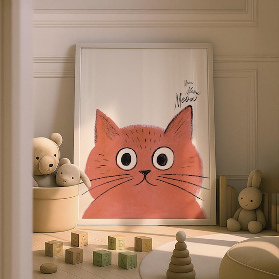 Orange Cat Face Meow Meow Meow Whimsical Nursery Kids Room Poster