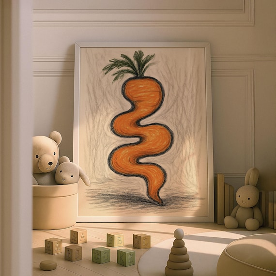 Whimsical Squiggly Carrot Crayon Drawing Kids Nursery Veggie Poster