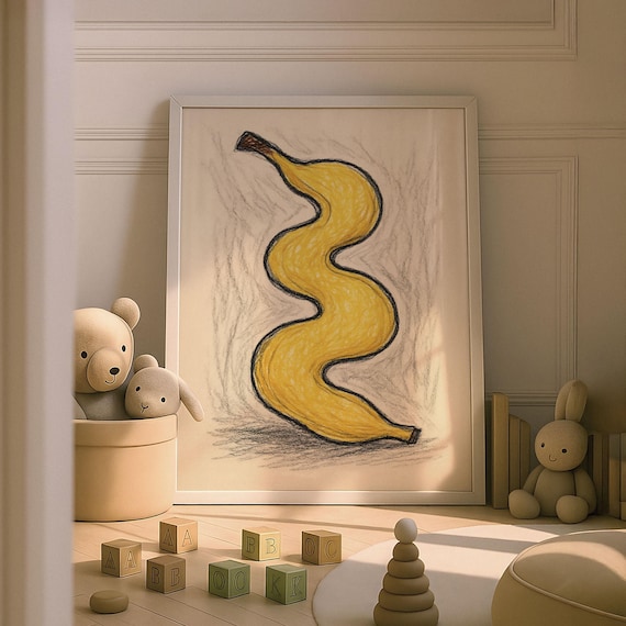 Whimsical Squiggly Banana Crayon Drawing Kids Nursery Fruit Art Poster