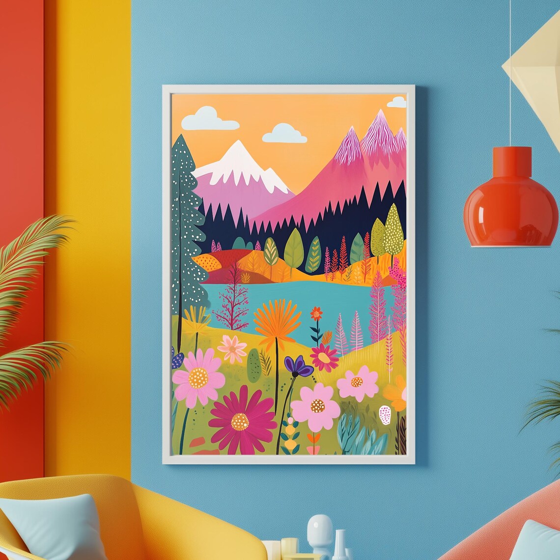 Colorful Pink Mountain Lake With Wildflower Meadow Art Poster