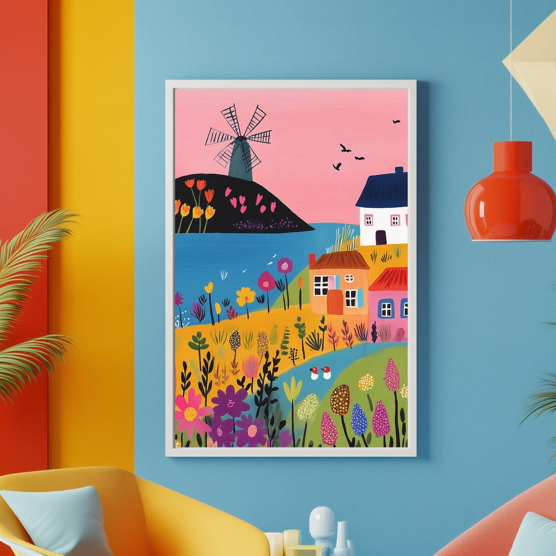 Whimsical Folk-Style Windmill Countryside Floral Cottage Art Poster