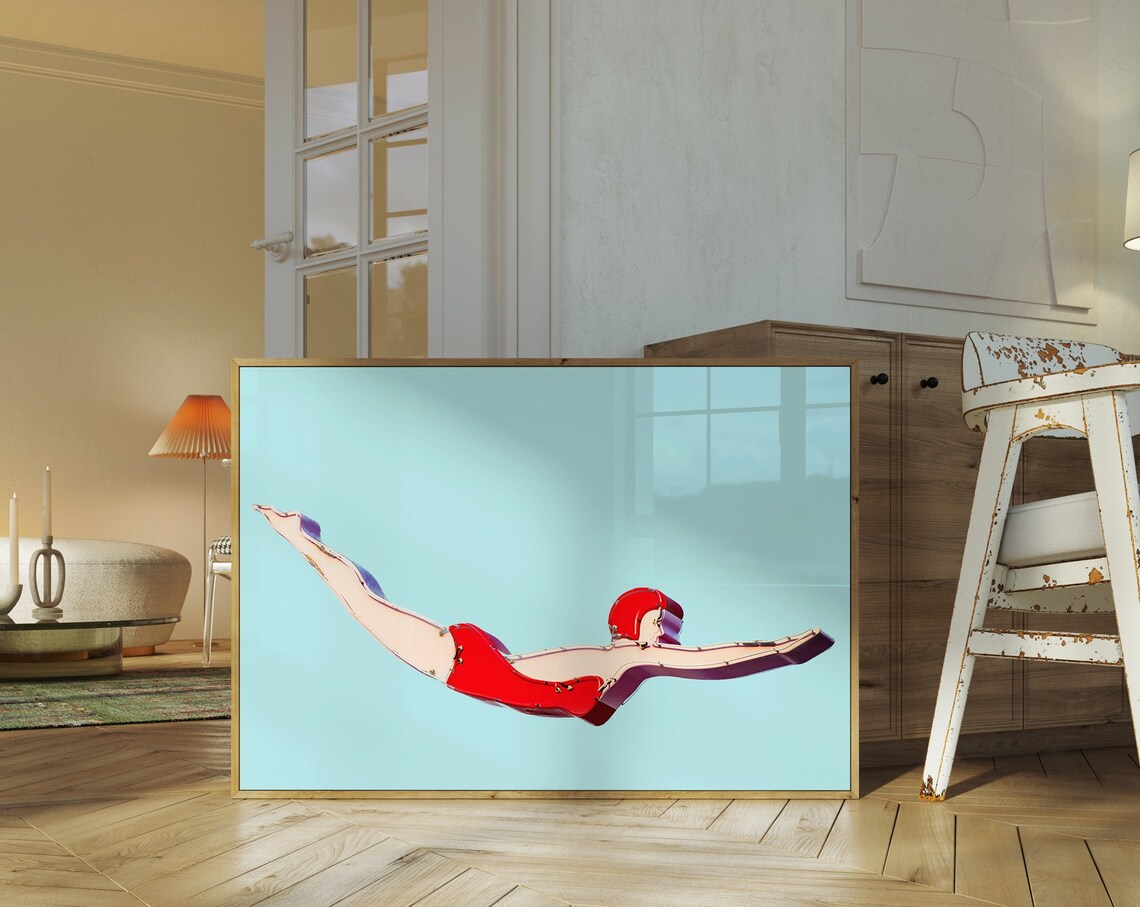 Retro Swimmer Neon Sign, Mid-Century Modern Art Print