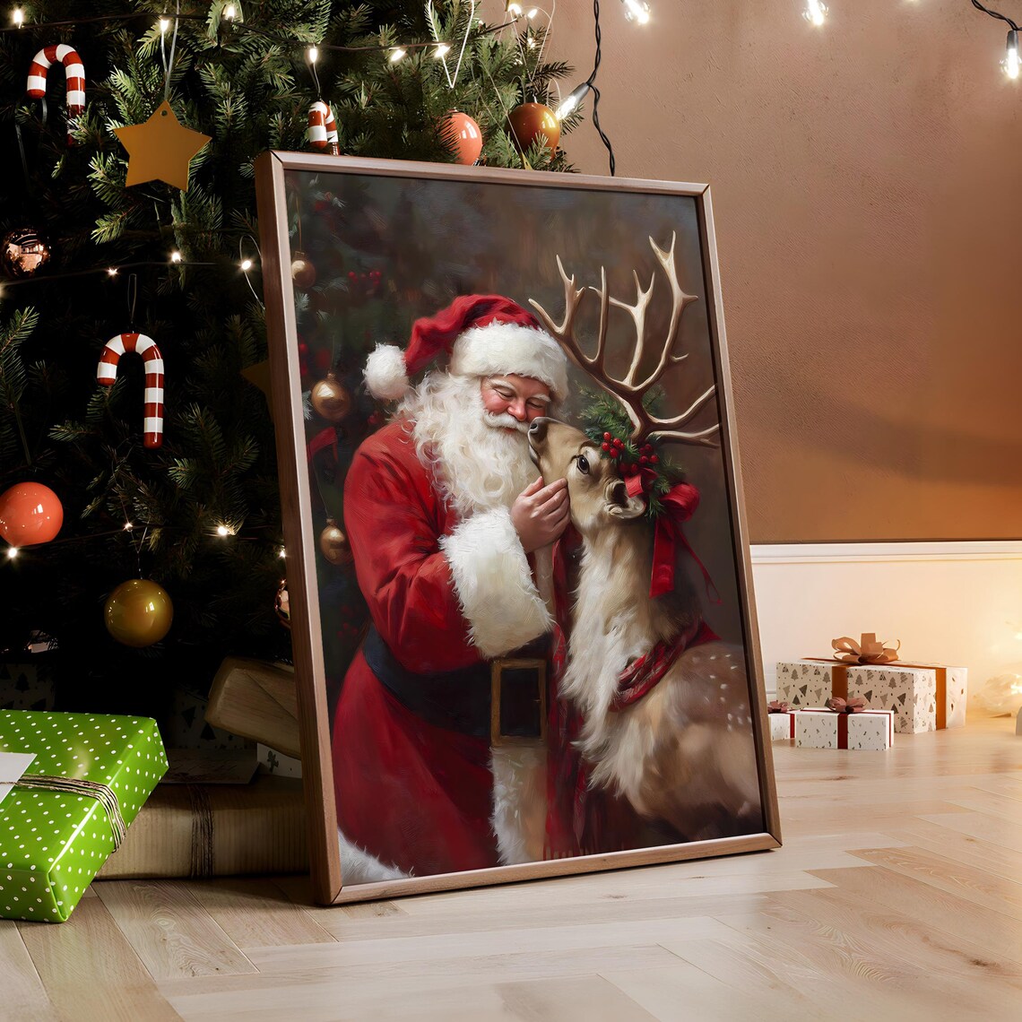 Santa Claus Hugging Reindeer Vintage Christmas Painting Poster