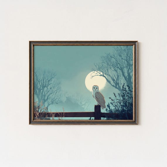 Barn Owl Moonlight Wall Art Print On Fence With Full Moon And Bare Trees Mystical Forest Night Scene In Teal Blue Tones