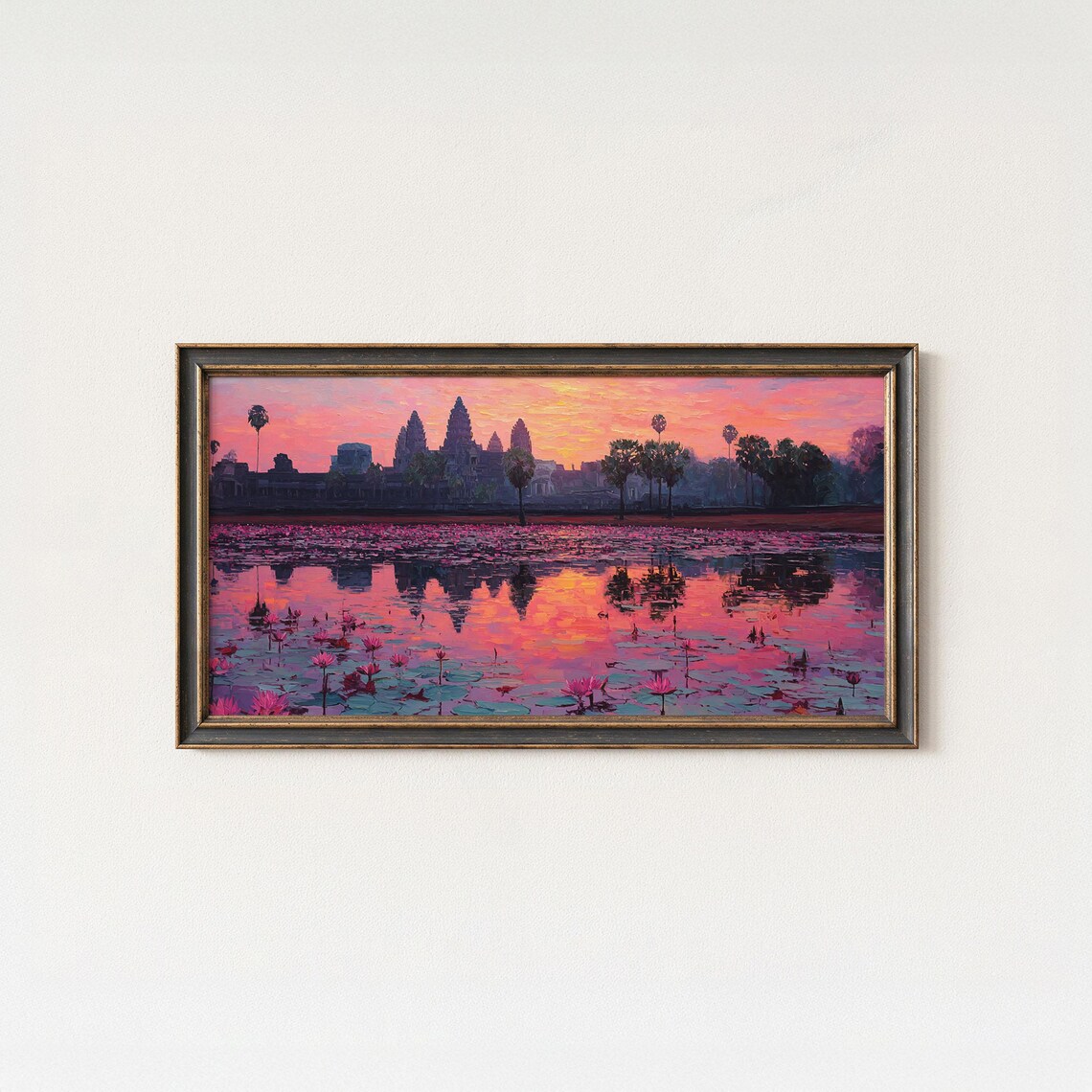 Angkor Wat Pink Sunrise Lotus Pond Reflection Temple Art Poster