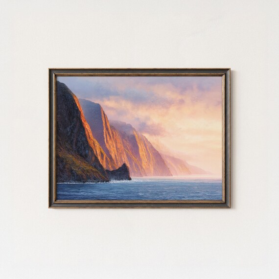 Golden Sea Cliffs Sunset Dramatic Coastal Ocean Landscape Poster