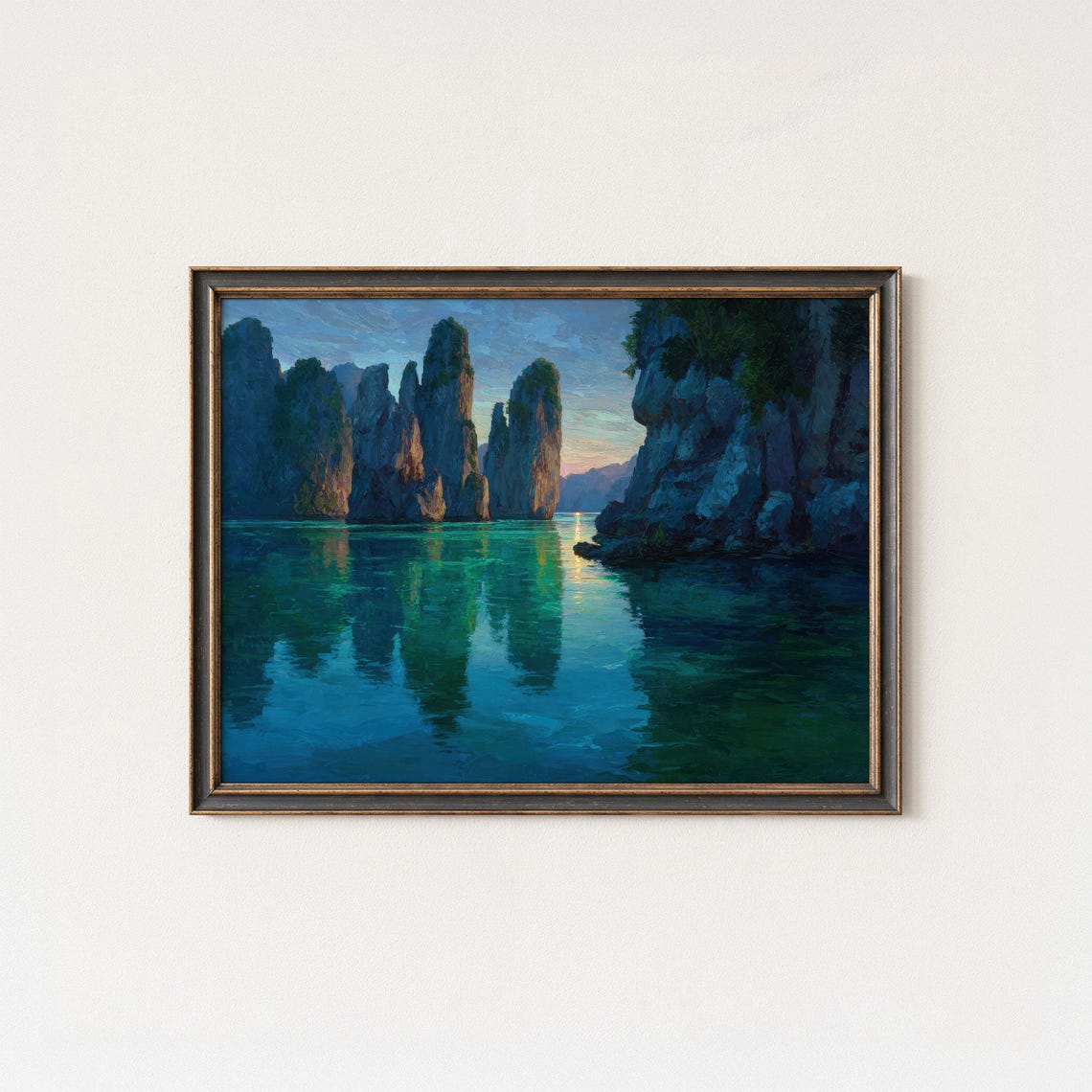 Ha Long Bay Sunset Limestone Islands Emerald Water Art Poster