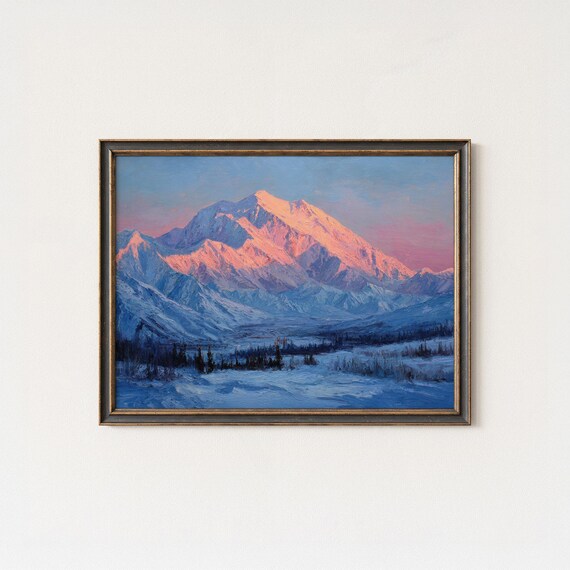 Denali Alpenglow Pink Sunset Mountain Painting Poster Alaska