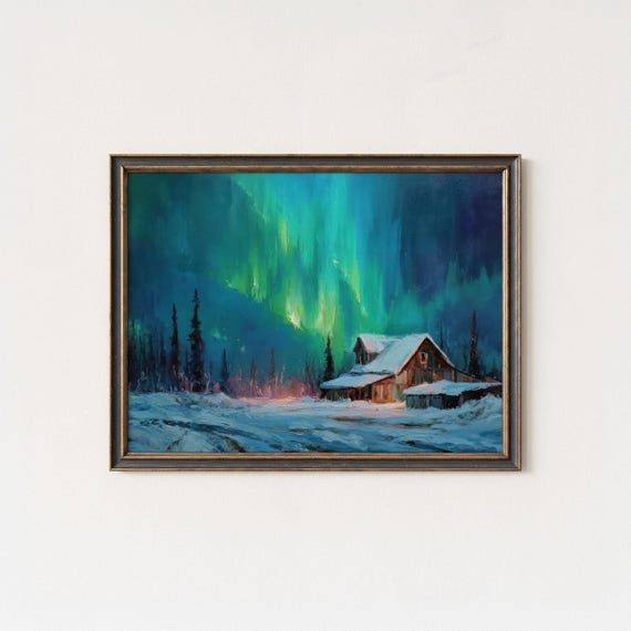 Aurora Borealis Cabin Art Print Arctic Night Sky Oil Painting