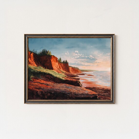 Red Sandstone Cliff Coast Sunset Ocean Seascape Painting Poster