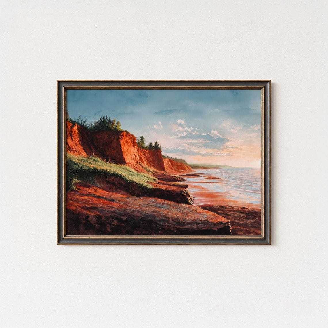 Red Sandstone Cliff Coast Sunset Ocean Seascape Painting Poster