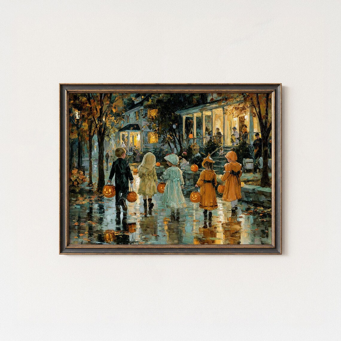 Vintage Halloween Print Rainy Night Trick Or Treat Autumn Children