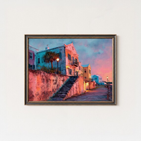 Bermuda Colonial Street Pastel Sunset Watercolor Coastal Poster