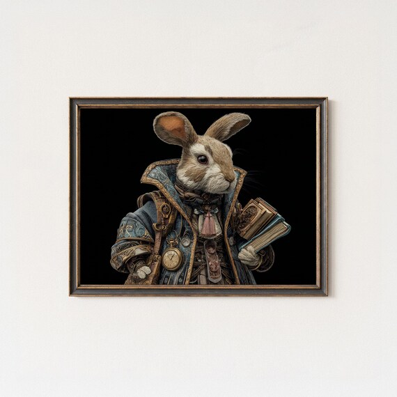 Victorian Rabbit Scholar Wall Art Print Steampunk Aristocratic Bunny With Books And Pocket Watch Whimsical Animal Decor