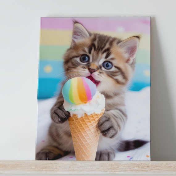 Cute Baby Cat Eating Ice Cream, Kid Nursery Art Print