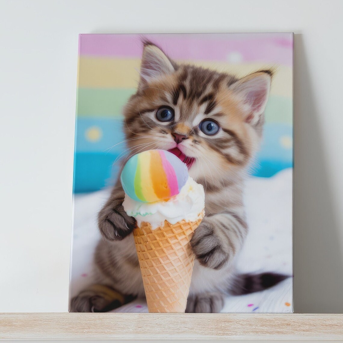 Cute Baby Cat Eating Ice Cream, Kid Nursery Art Print