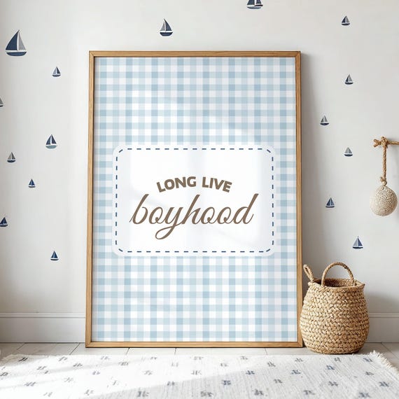 Boyhood Wall Art Vintage Blue Print For Boys Decor Nursery Gingham Pattern Poster Playroom