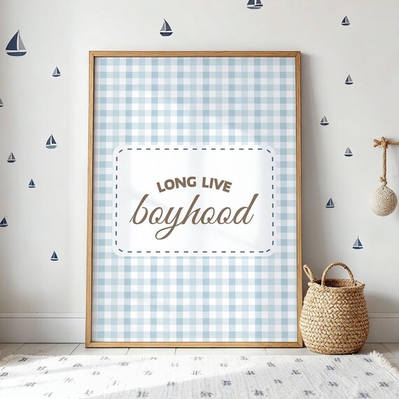 Long Live Boyhood Blue Gingham Vintage Nursery Boy Room Sign Poster