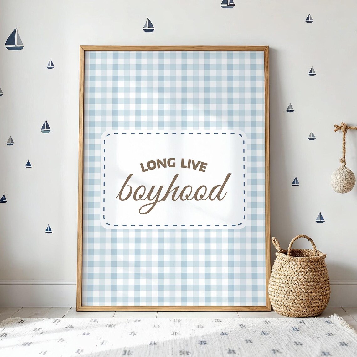 Long Live Boyhood Blue Gingham Vintage Nursery Boy Room Sign Poster