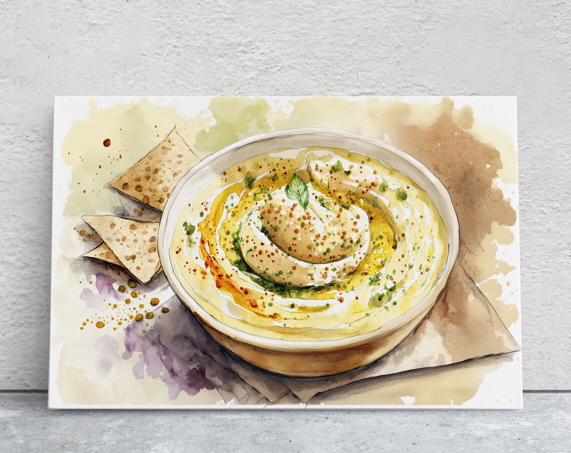 Hummus Pita Bowl Watercolor Mediterranean Food Kitchen Art Poster