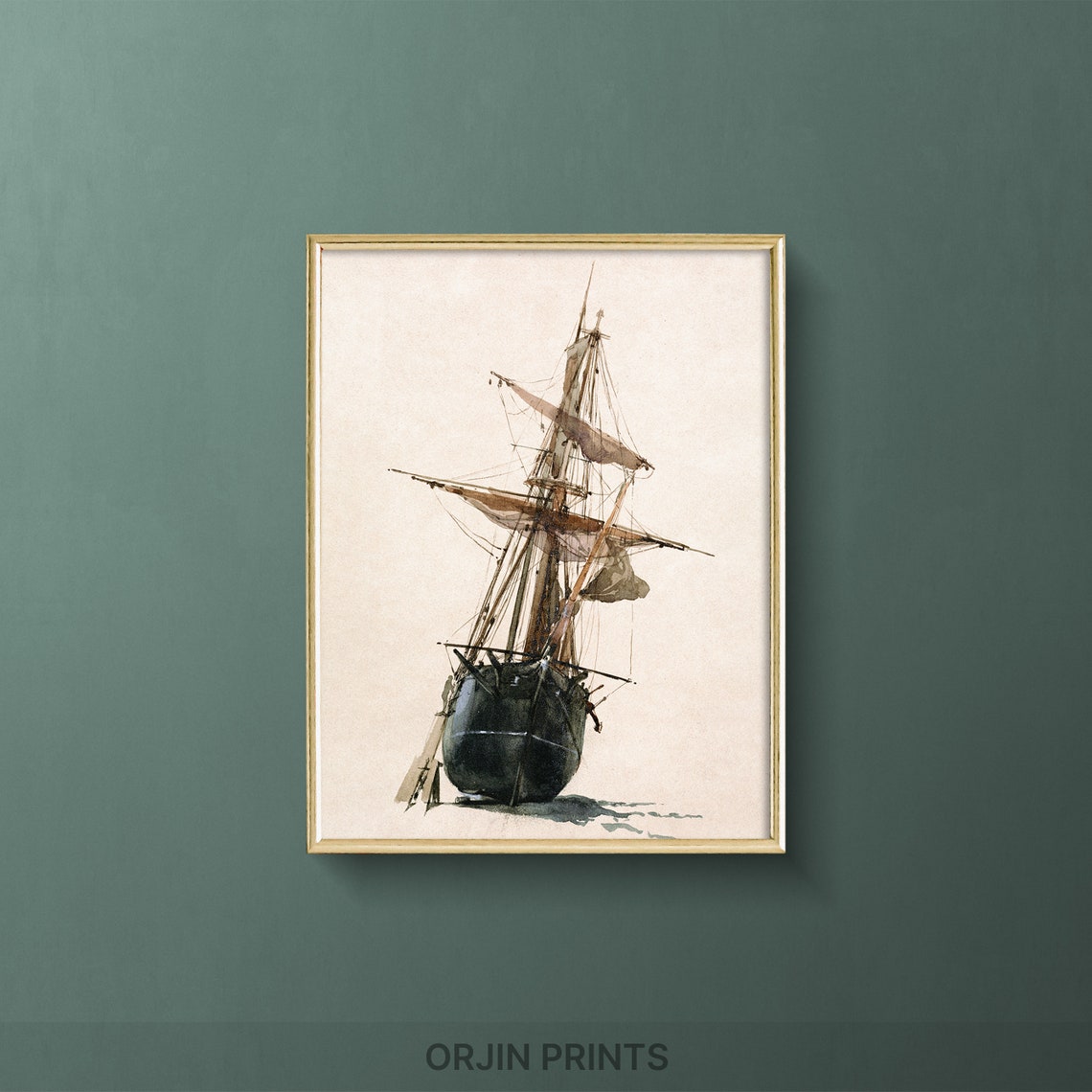 Old Sailing Ship Watercolor Minimalist Nautical Style Wall Art