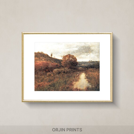 Autumn Pond Mirror Reflections Rustic Fall Hillside Oil Painting Poster