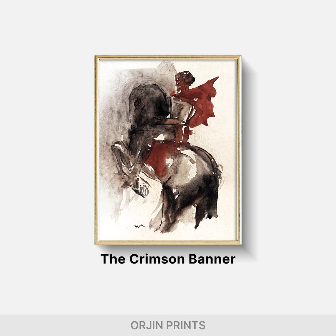 Expressive Knight Horseback Crimson Banner Ink Wash Art Poster - Image 2