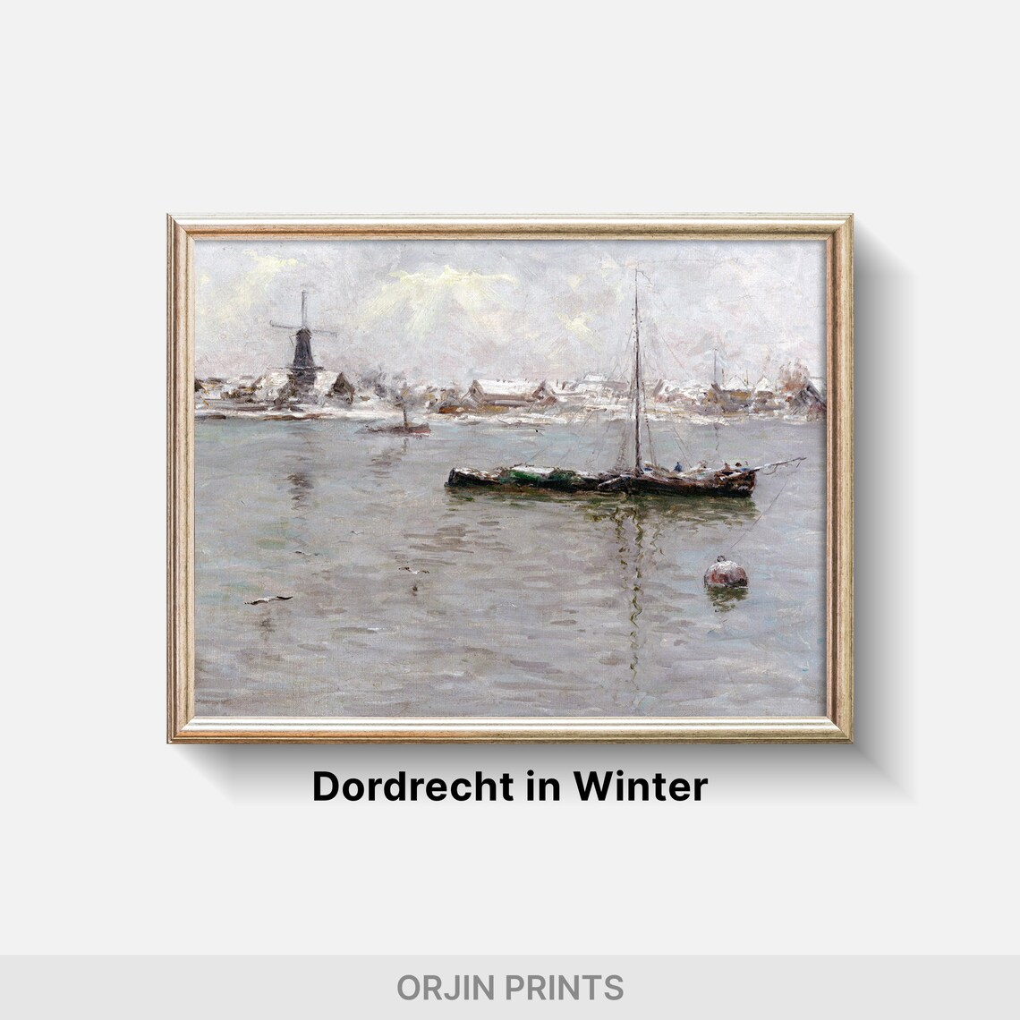 Snowy Winter Harbor Windmill Sailboat Vintage Painting Style Poster - Image 2