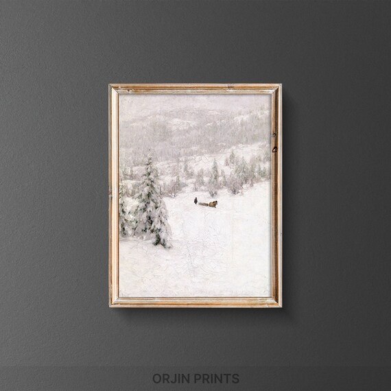 Snowy Forest Valley Horse Drawn Sled Pine Trees Winter Vintage Art Print