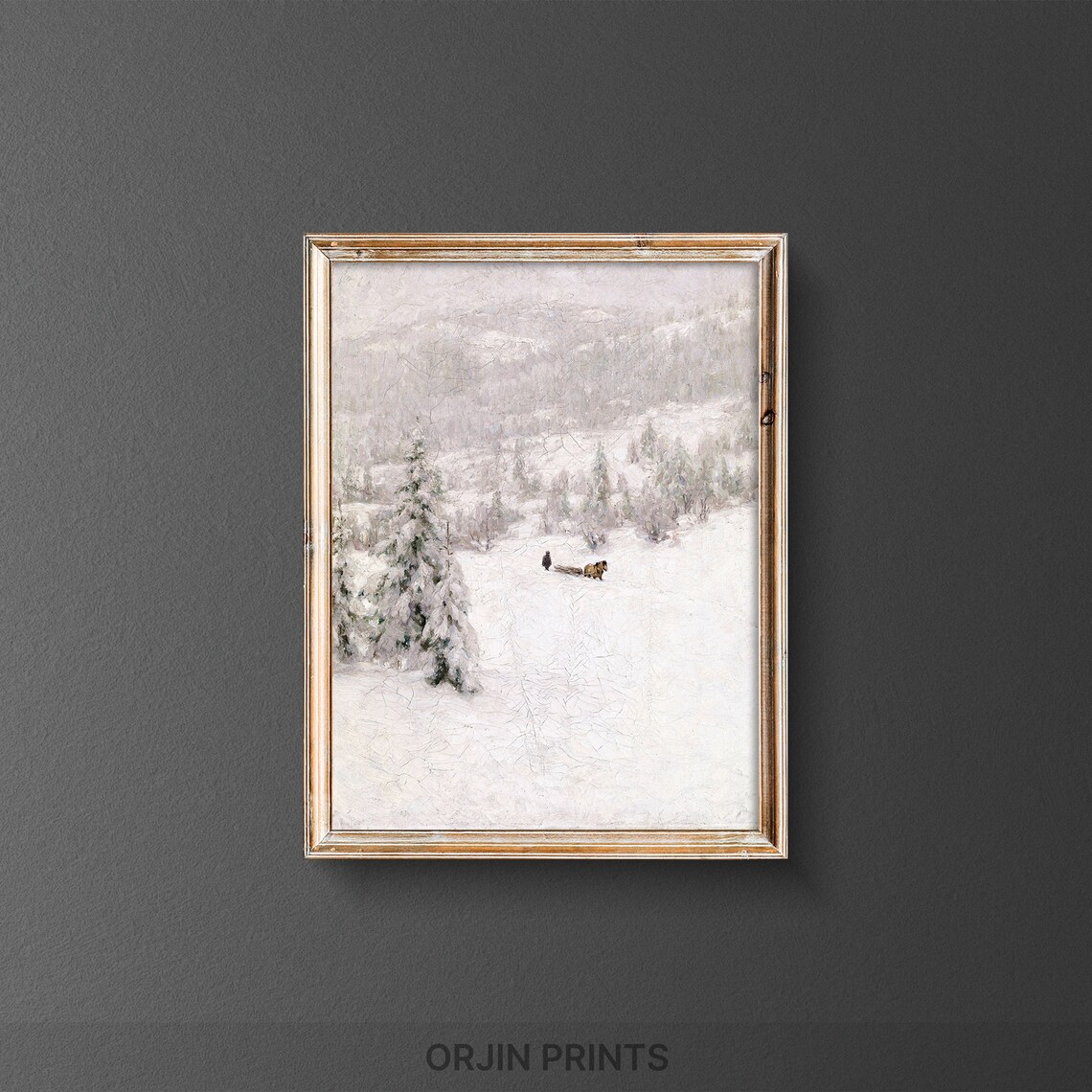 Snowy Forest Valley Horse Drawn Sled Pine Trees Winter Vintage Art Print