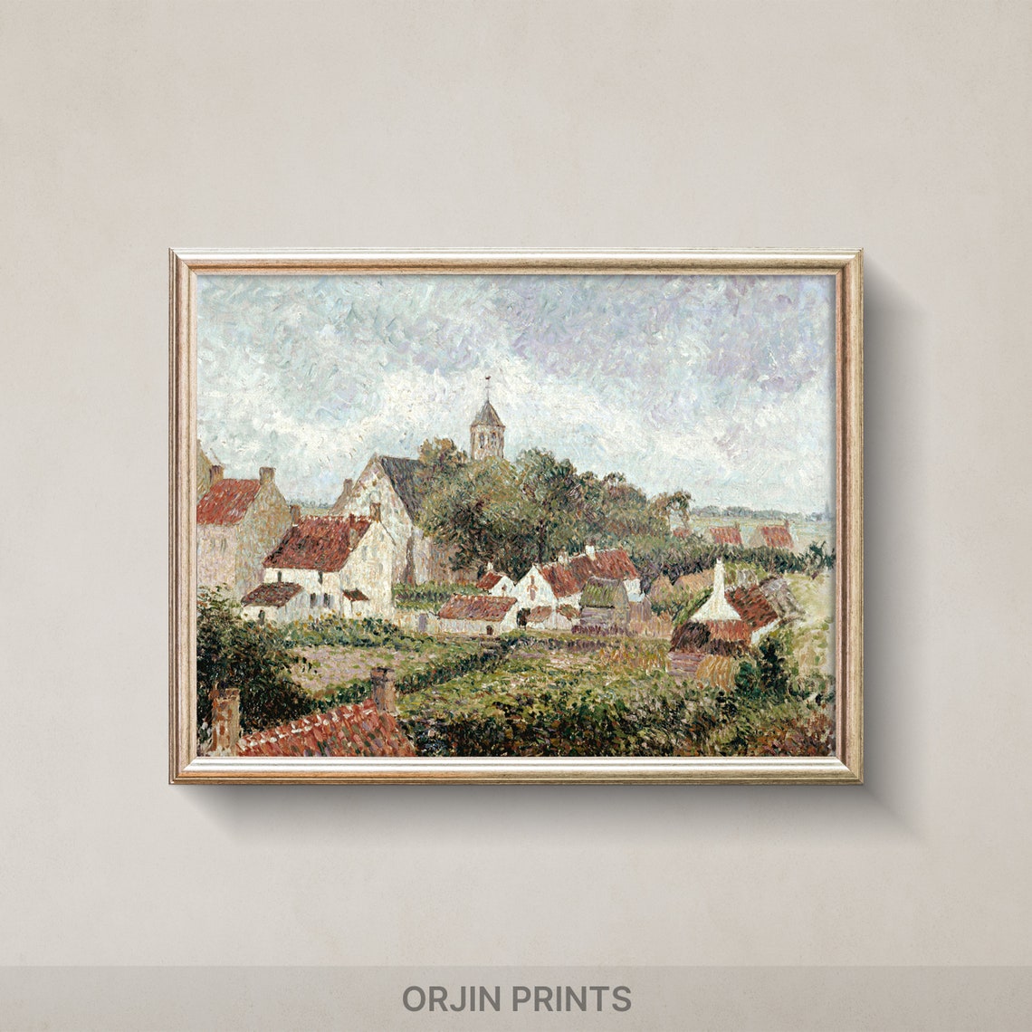 Impressionist Village Red Roofs Church Steeple Vintage Style Poster