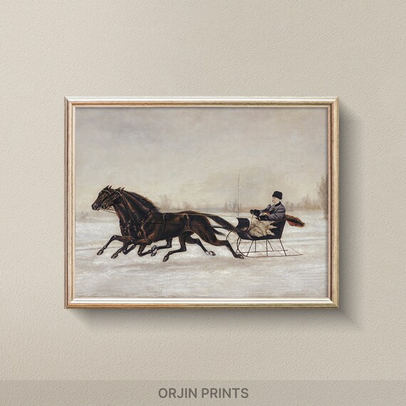 Horse Drawn Sleigh Racing Snow Vintage Winter Painting Style Print