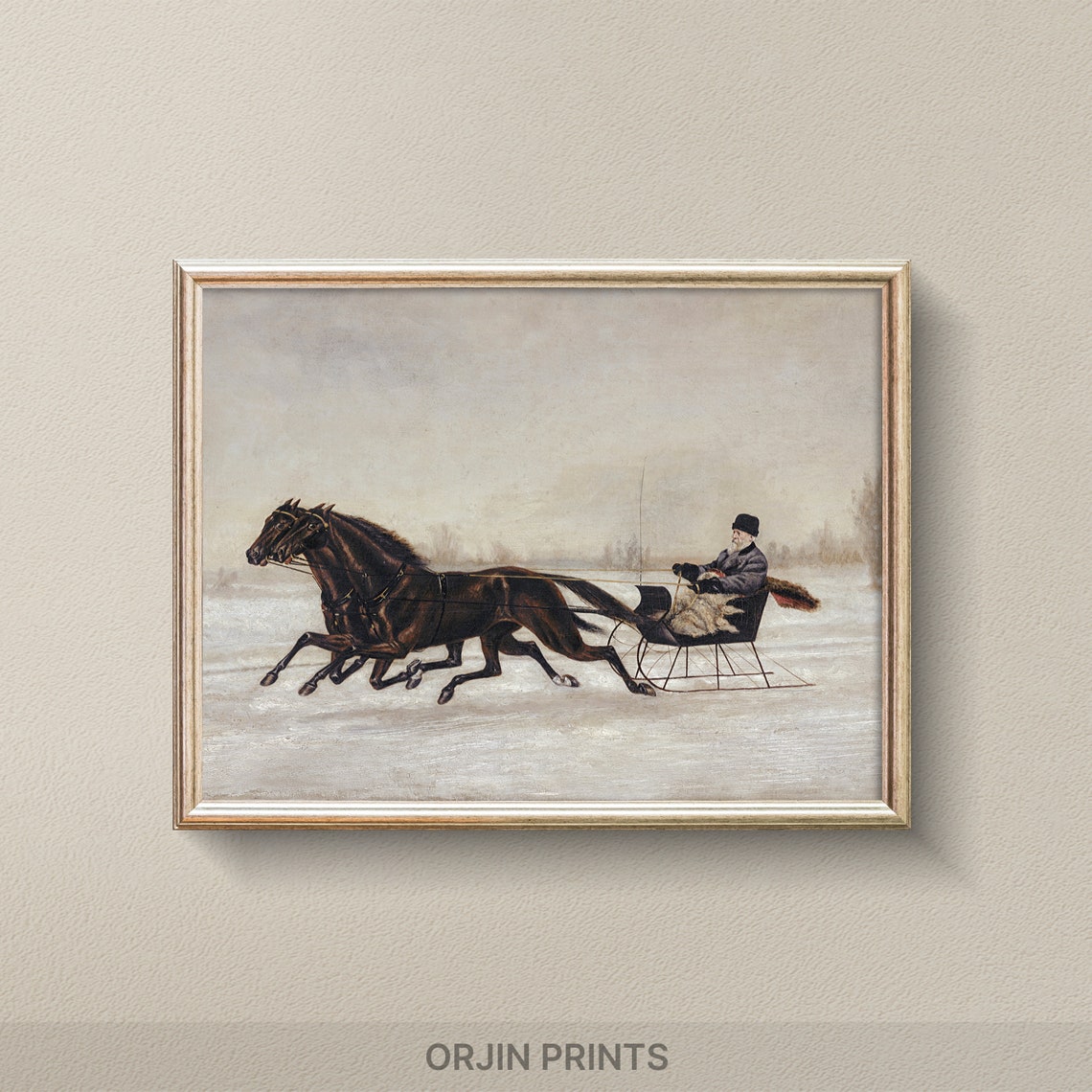 Horse Drawn Sleigh Racing Snow Vintage Winter Painting Style Print