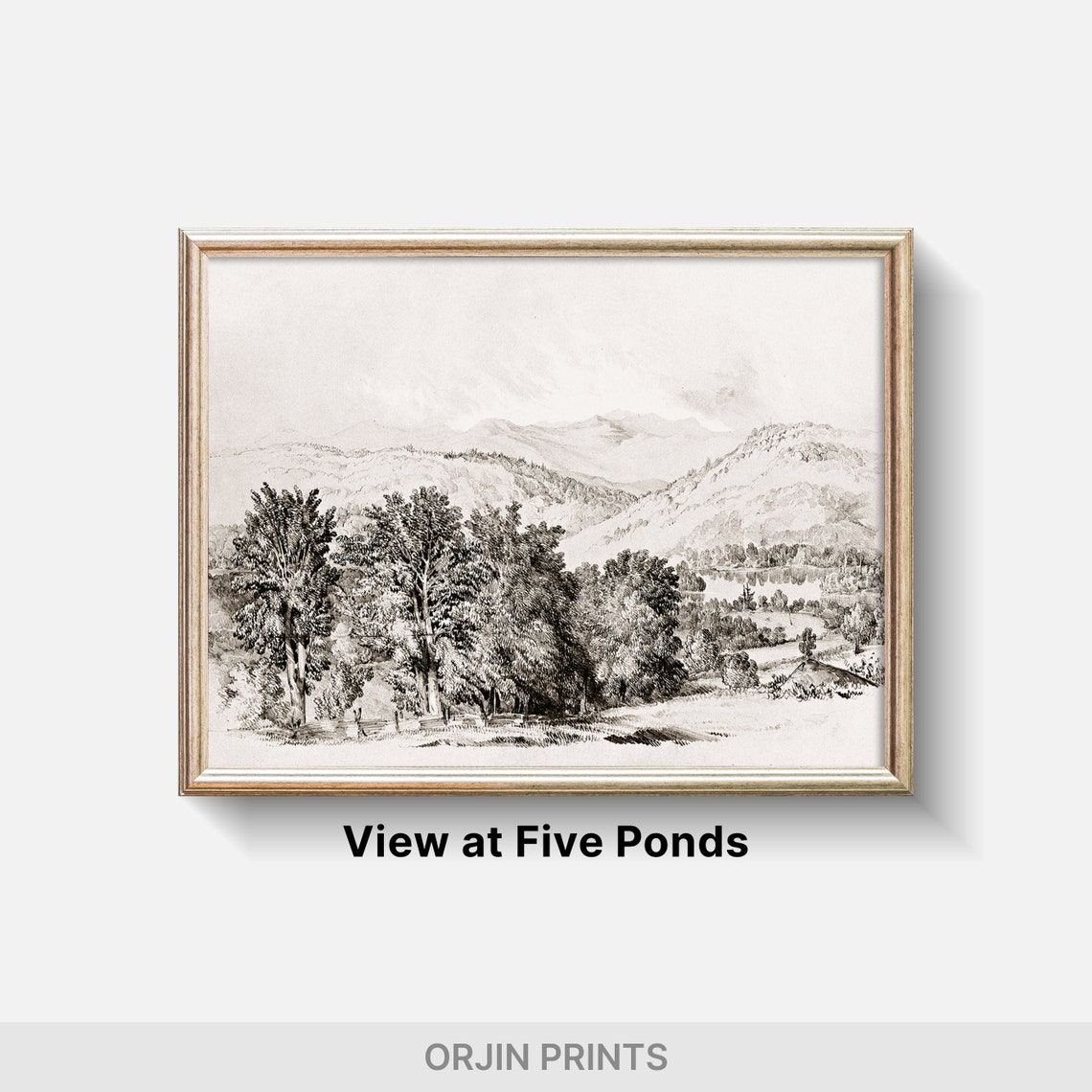 Engraved Mountain Valley Landscape Antique Trees Drawing Wall Art - Image 2