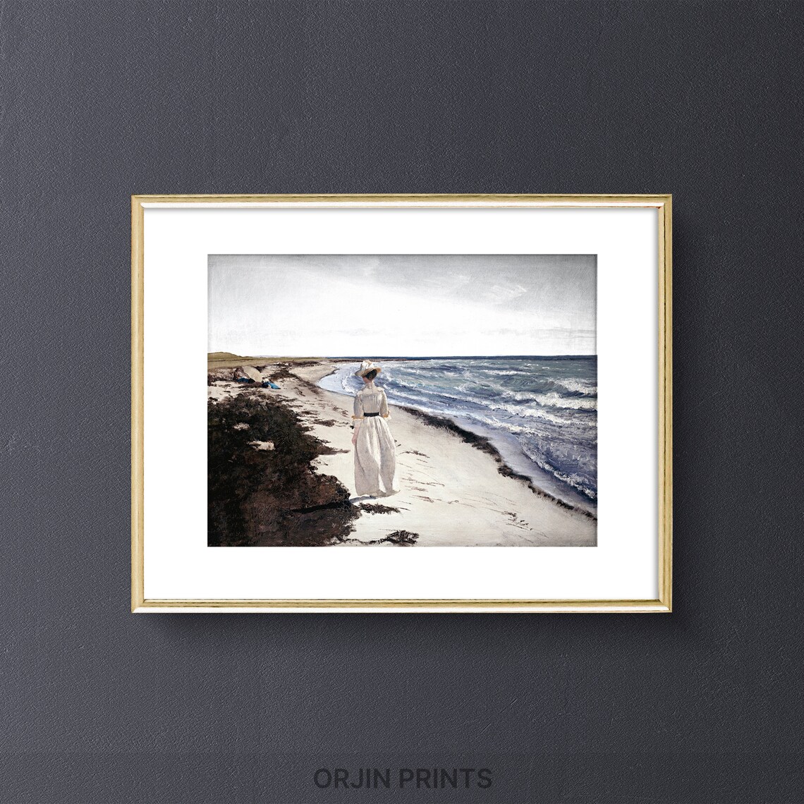 Woman In White Dress On Beach Vintage Coastal Painting Style Print
