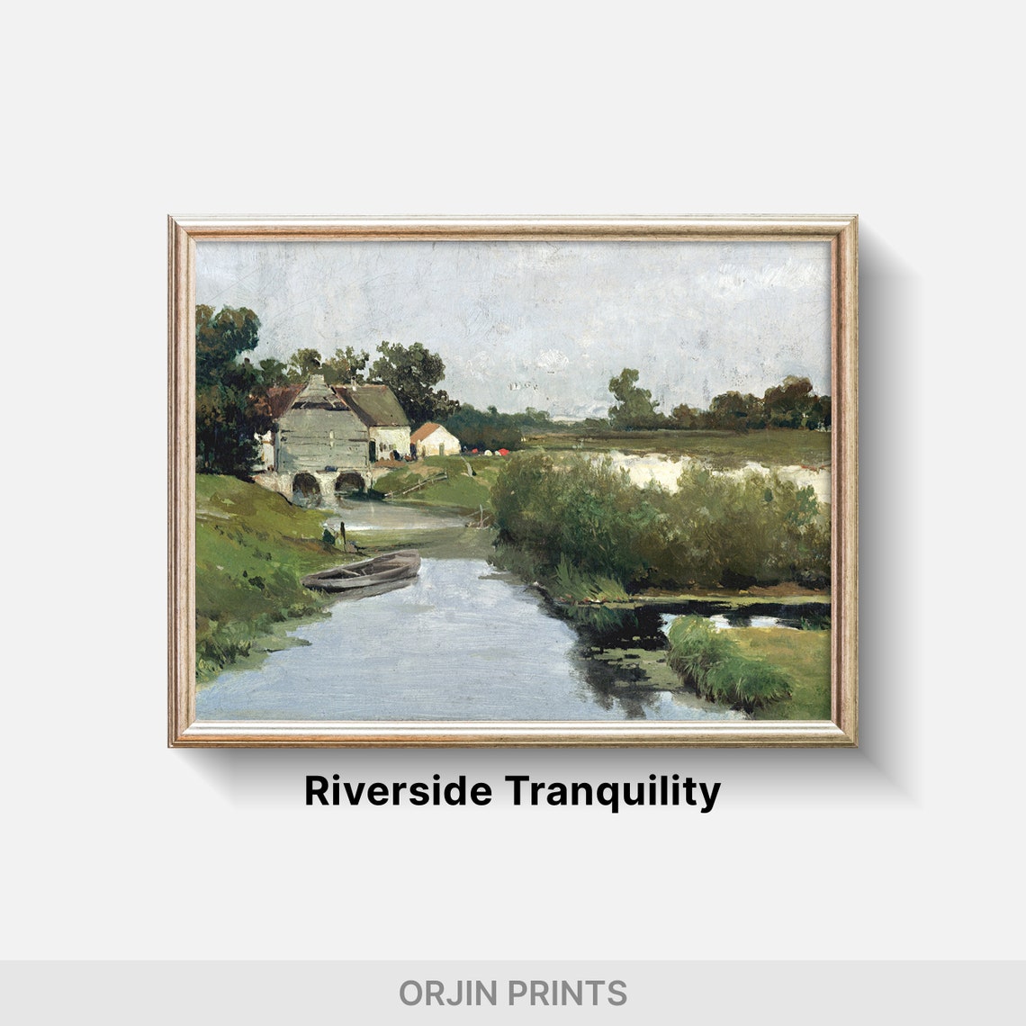 Riverside Watermill Stone Bridge Rowing Boat Serene Vintage Art Poster - Image 2