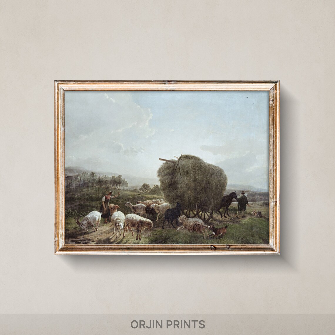 Hay Wagon Sheep Pastoral Oil Painting Harvest Farm Scene Wall Art