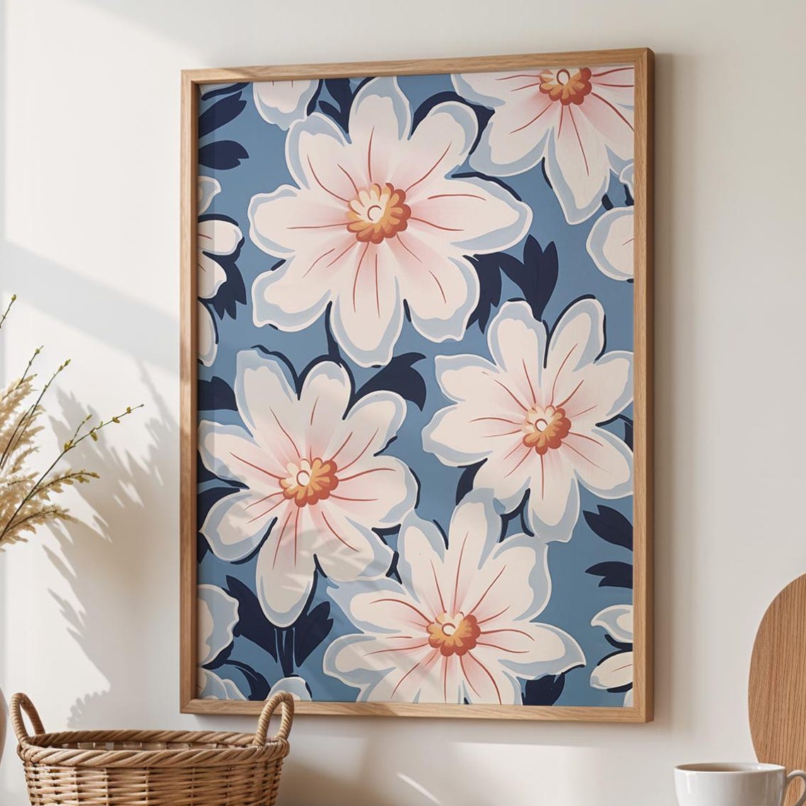 Large Bright White Blossoms On Blue Modern Floral Botanical Poster