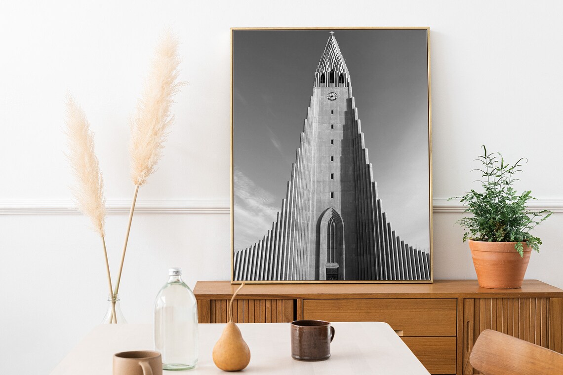 Iceland Reykjavik Church Travel Poster, Black White - Image 3