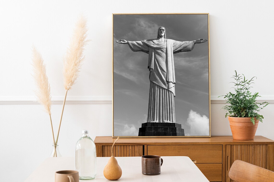 Christ the Redeemer Statue With Outstretched Arms Black White Monument Poster - Image 3
