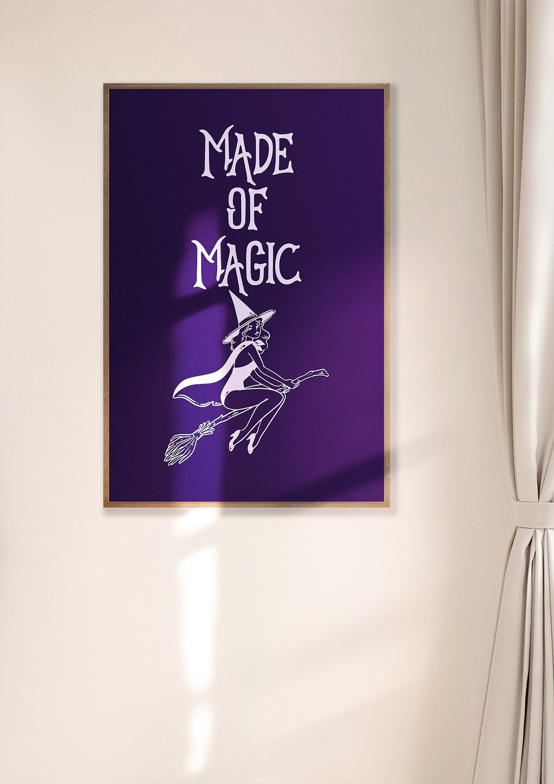 Made of Magic Witch on Broomstick Purple Line Art Halloween Poster - Image 2